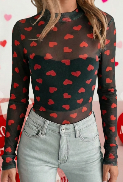 HEART PRINTED SHEER L/S MESH TOP