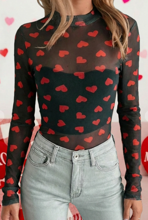 HEART PRINTED SHEER L/S MESH TOP