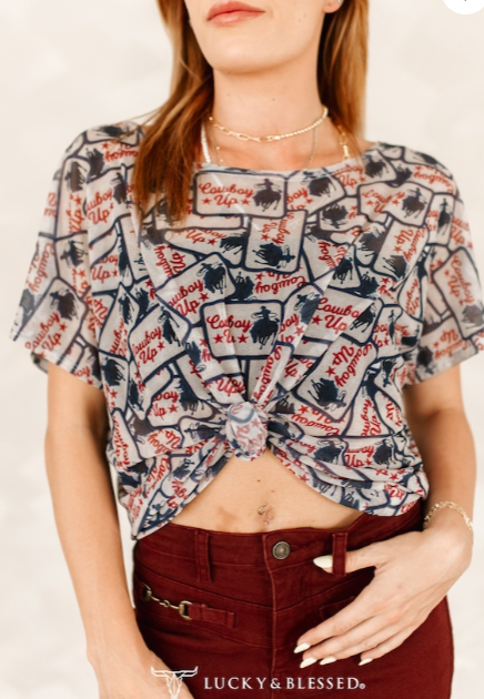 Cowboy Up Patch Printed Short Sleeve Mesh Top