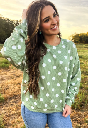 Dotty Darling Sweater Top - Sage Green