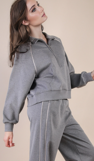 Half Zip Up Piping Detail Knit Casual Top