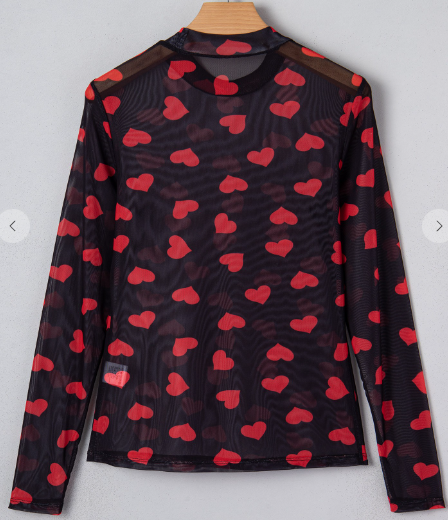 HEART PRINTED SHEER L/S MESH TOP