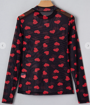 HEART PRINTED SHEER L/S MESH TOP