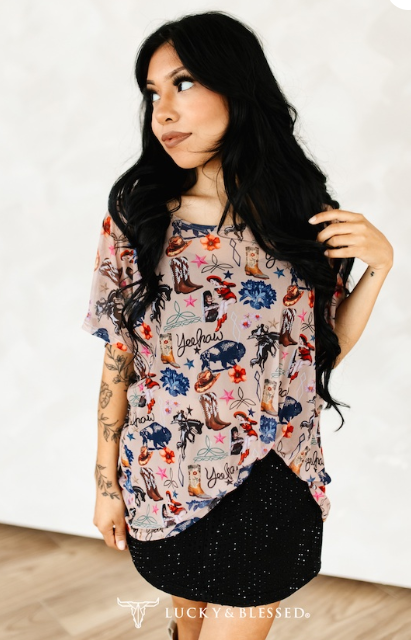 Beige Western Collage Printed Short Sleeve Mesh Top