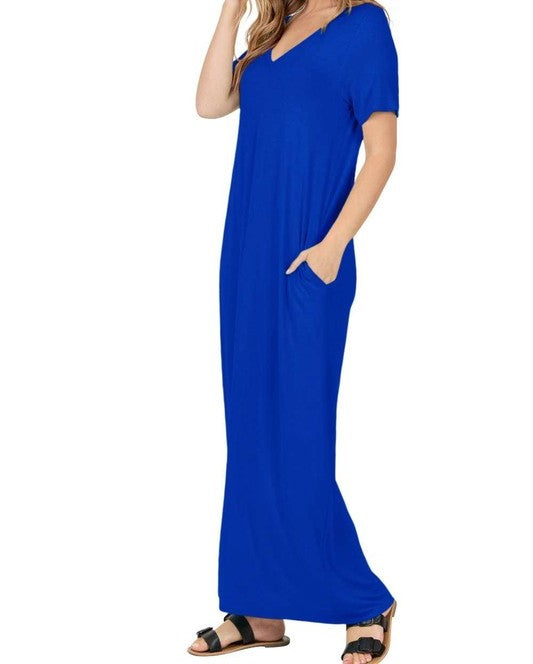 Basic Short Sleeve V Neck Maxi Dress With Pockets