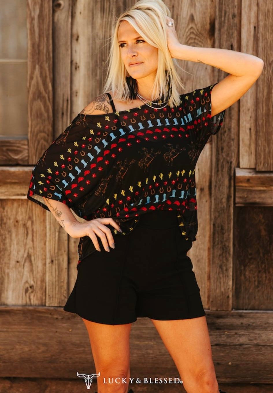 Black Boots Cowboy Printed Retro 90s Short Sleeve Mesh Top