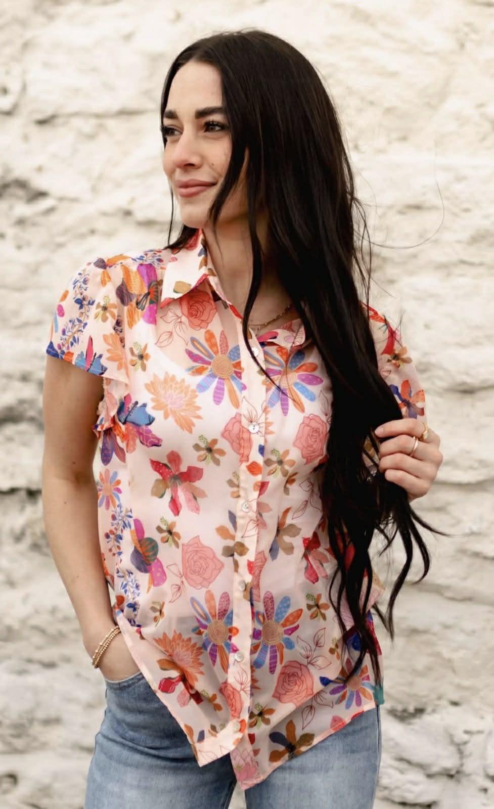 Floral Flutter Sleeve Blouse