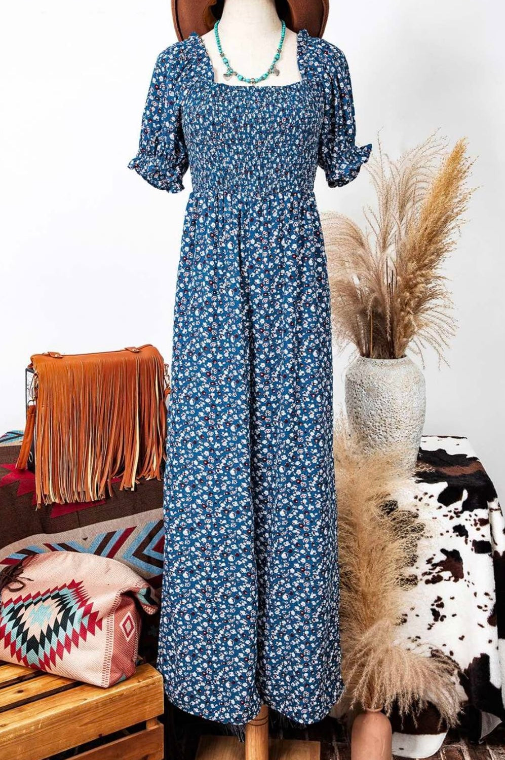 Boho Floral Smocked Short Puff Sleeve Wide Leg Jumpsuit
