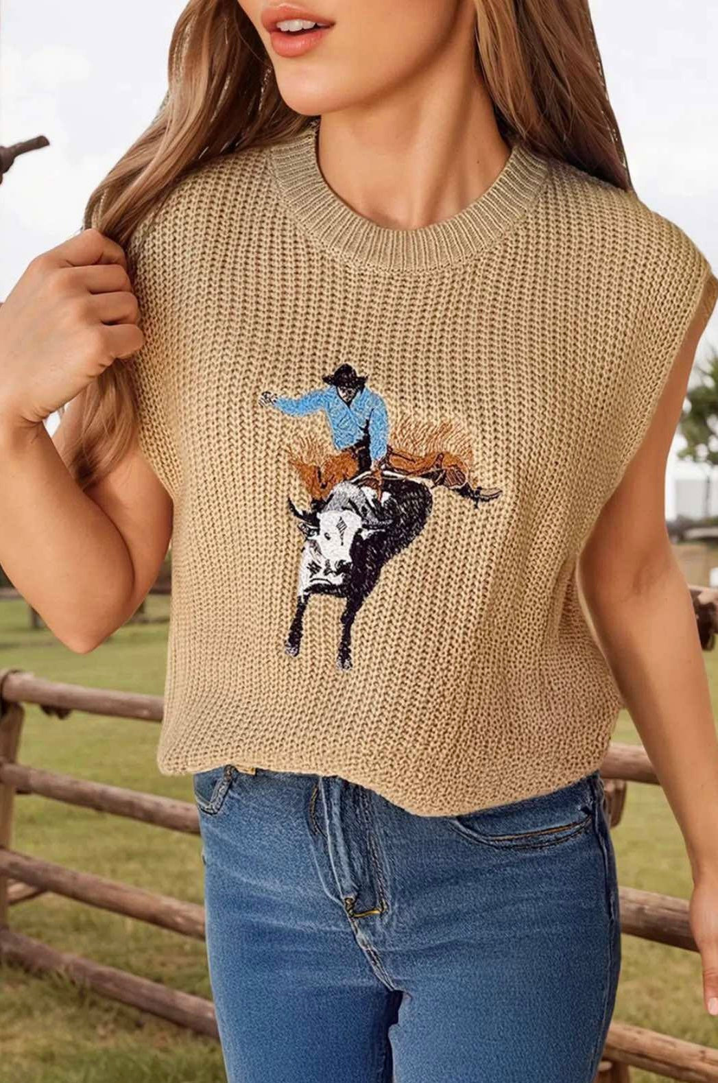 Western Cowboy Embroidery Sleeveless Sweater