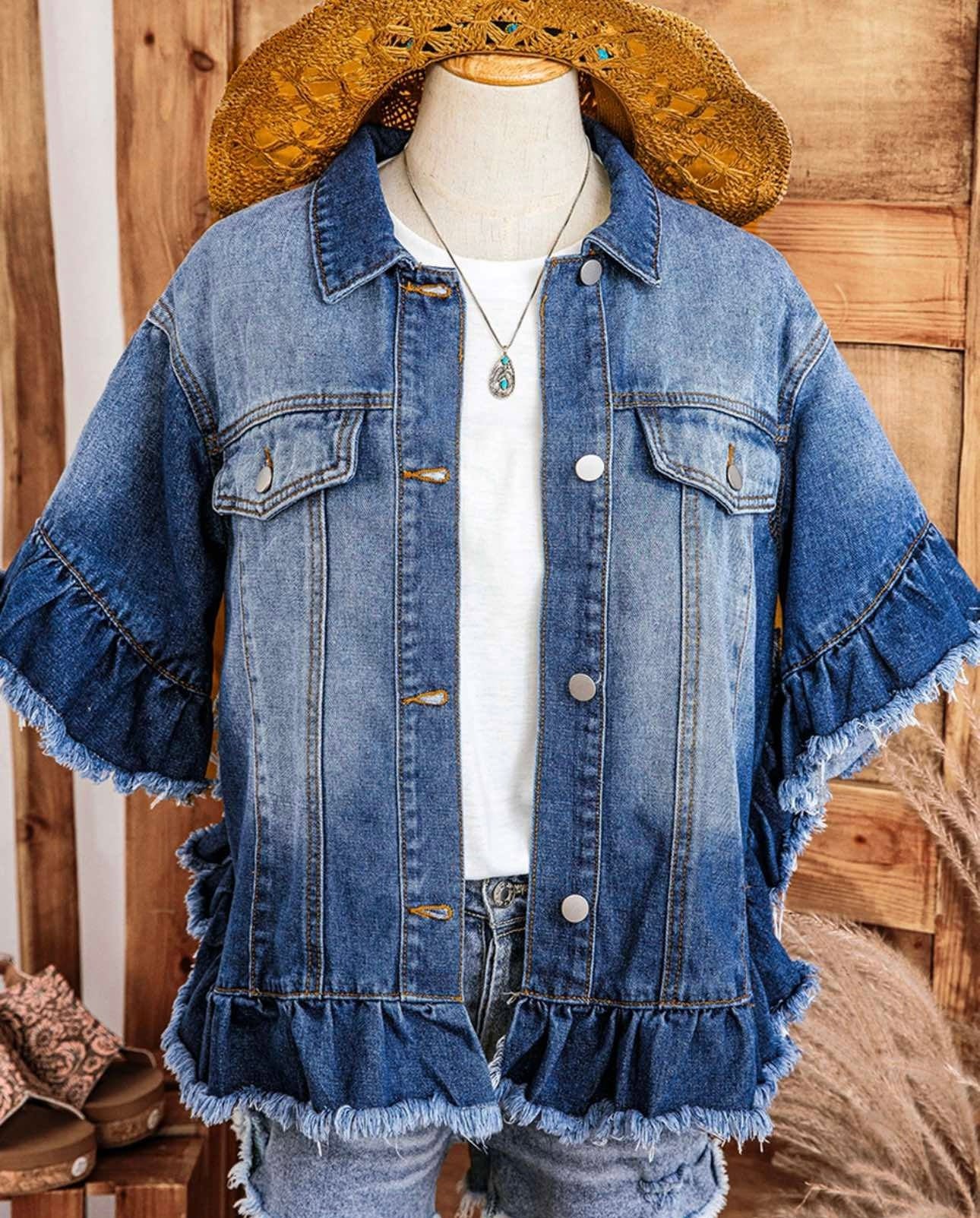 Raw Edge Ruffle Short Sleeve Denim Jacket - Tres Chic Trendz