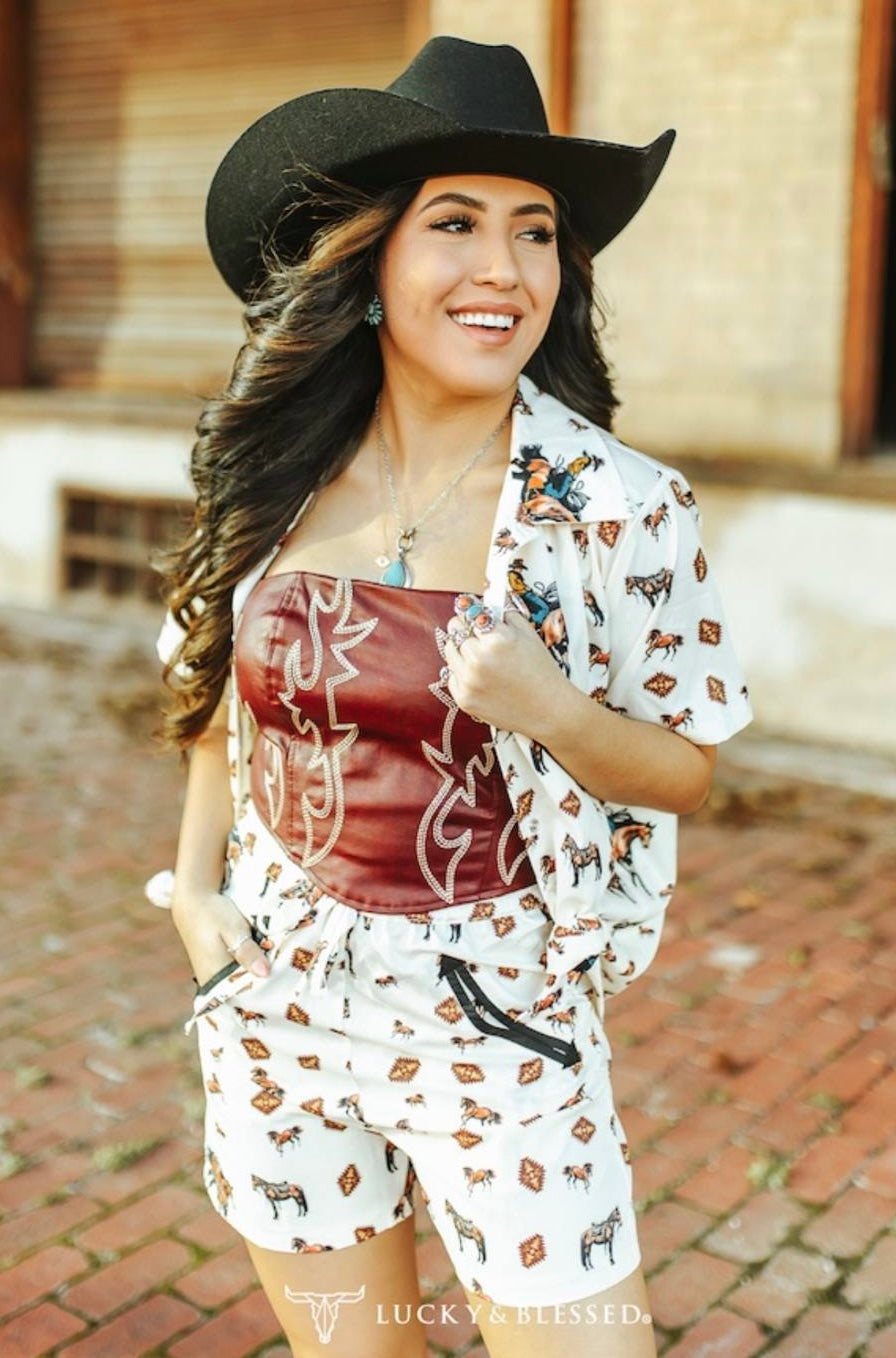 Cream Horse Printed Pearl Snap Button Down Shirt W Drawstring Short Set