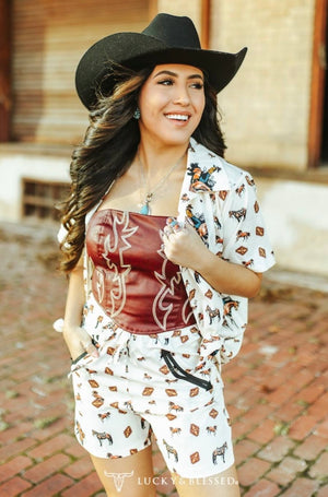 Cream Horse Printed Pearl Snap Button Down Shirt W Drawstring Short Set