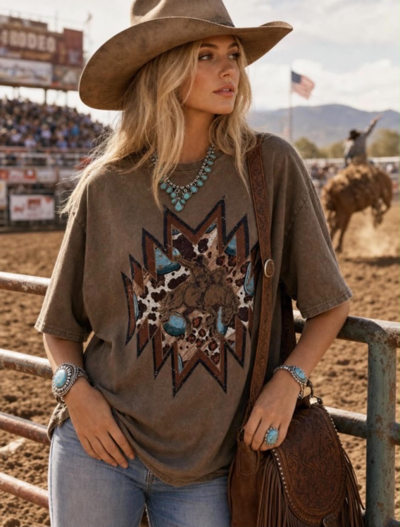 Aztec Bucking Horse Graphic Mineral Wash Oversized Tee