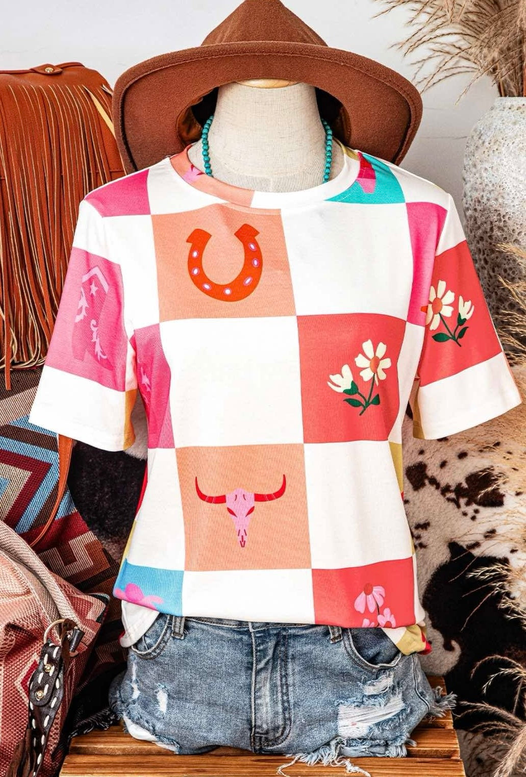Fashion Checker Print Crewneck T-Shirt