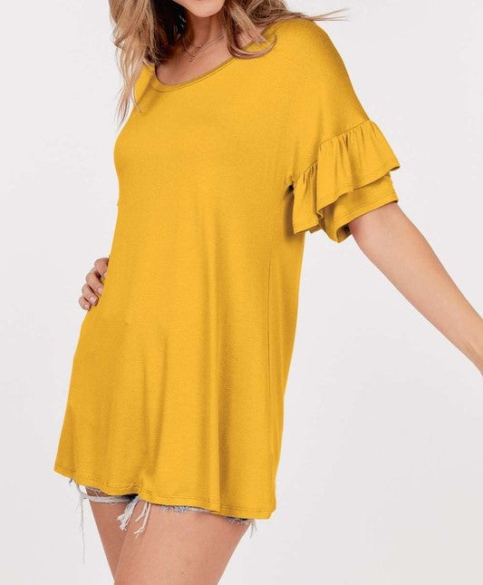 Mustard Top With Short Ruffle Sleeves