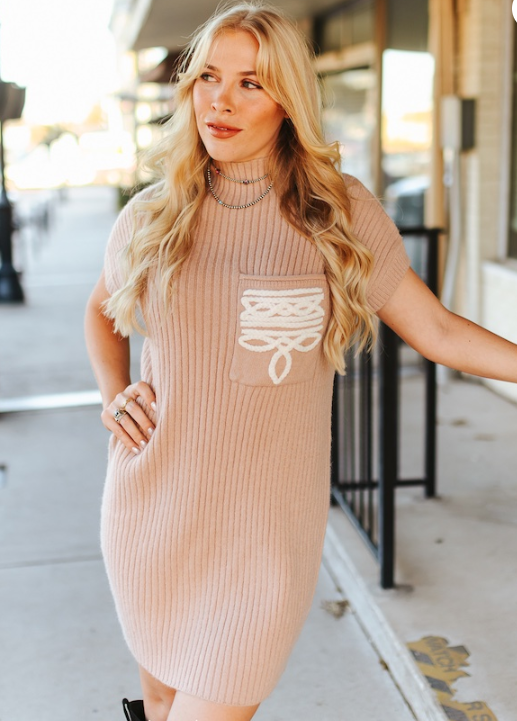TAN BOOT STITCH KNIT DRESS