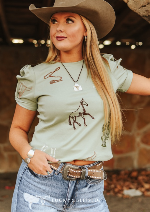 SAGE WESTERN CONTRAST PUFF SLEEVE TOP