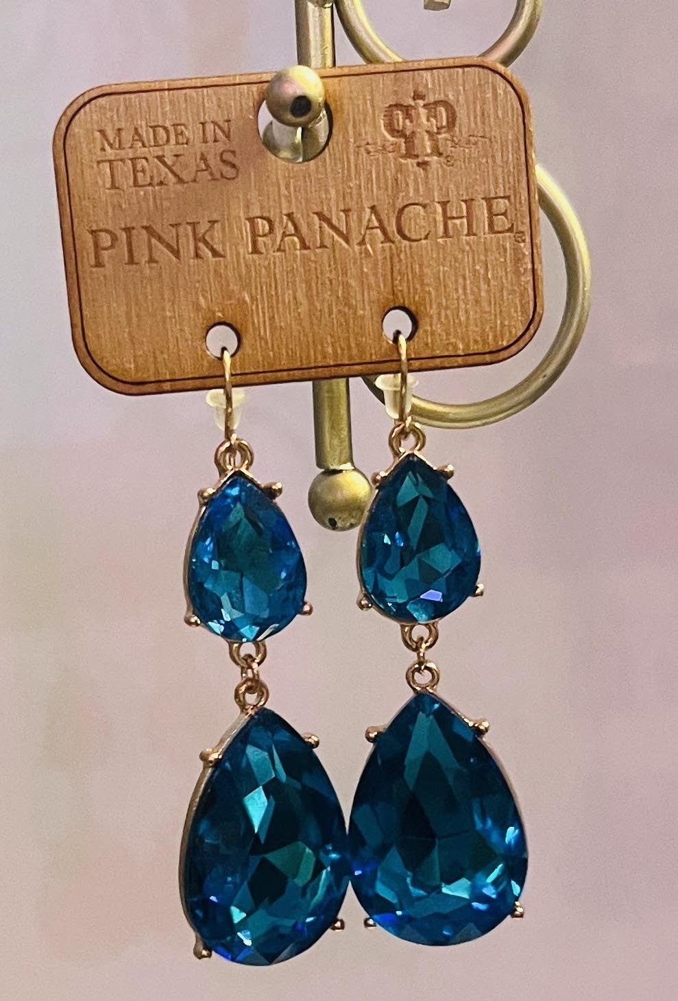 PINK PANACHE BLUE RHINESTONE TEARDROP EARRINGS