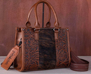 TRINITY RANCH GENUINE HAIR ON OWHIDE TOOLED TOTE/CROSSBODY