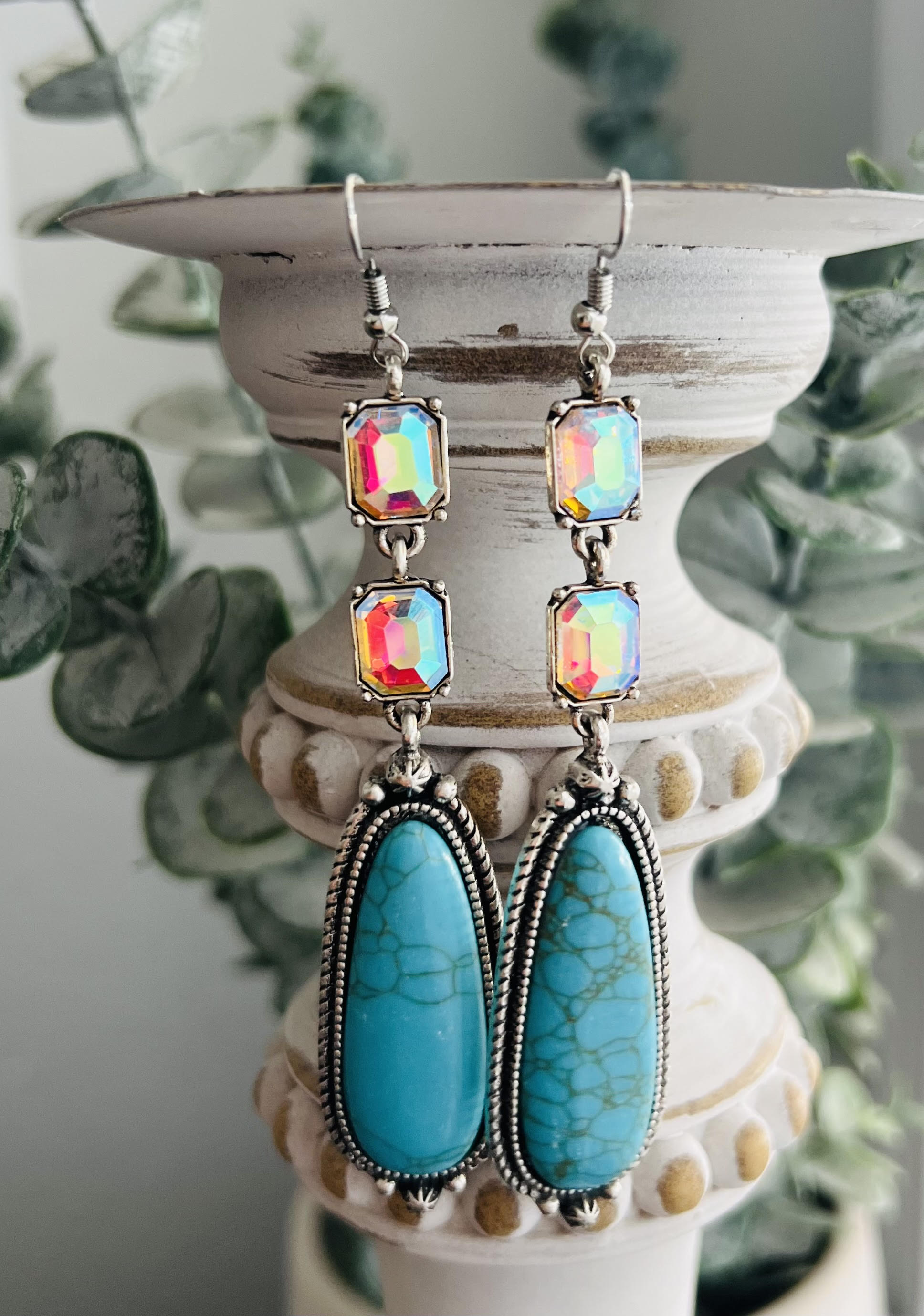 TURQUOISE STONE DANGLE EARRINGS WITH AB CRYSTALS