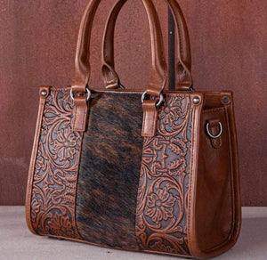 TRINITY RANCH GENUINE HAIR ON OWHIDE TOOLED TOTE/CROSSBODY