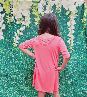 Kids Solid Coral Rayon Spandex Swing Dress with Criss Cross Back Detail