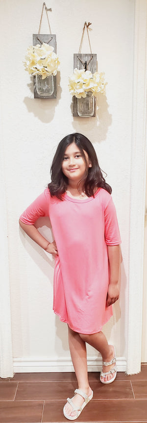 Kids Solid Coral Rayon Spandex Swing Dress with Criss Cross Back Detail