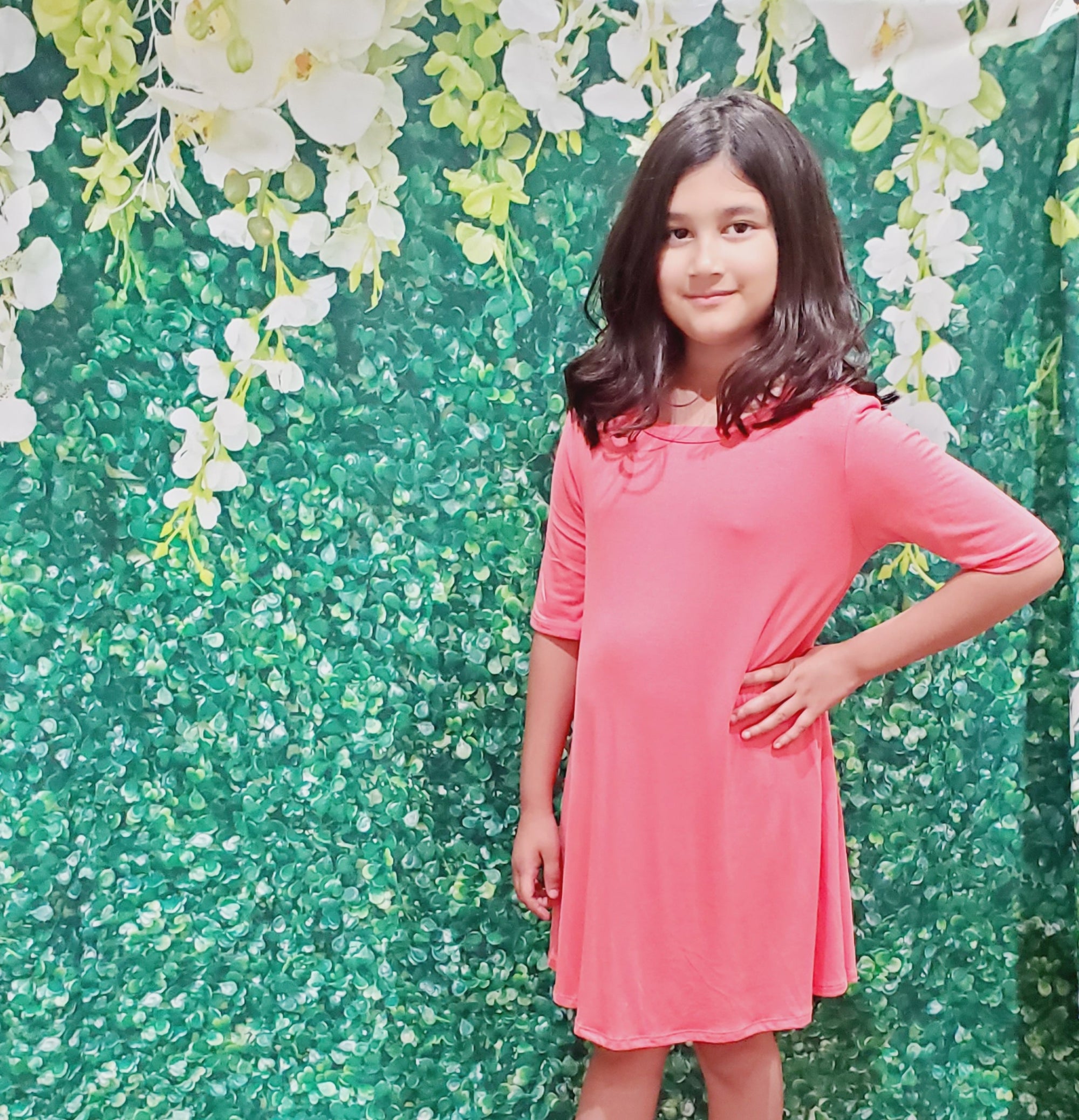 Kids Solid Coral Rayon Spandex Swing Dress with Criss Cross Back Detail
