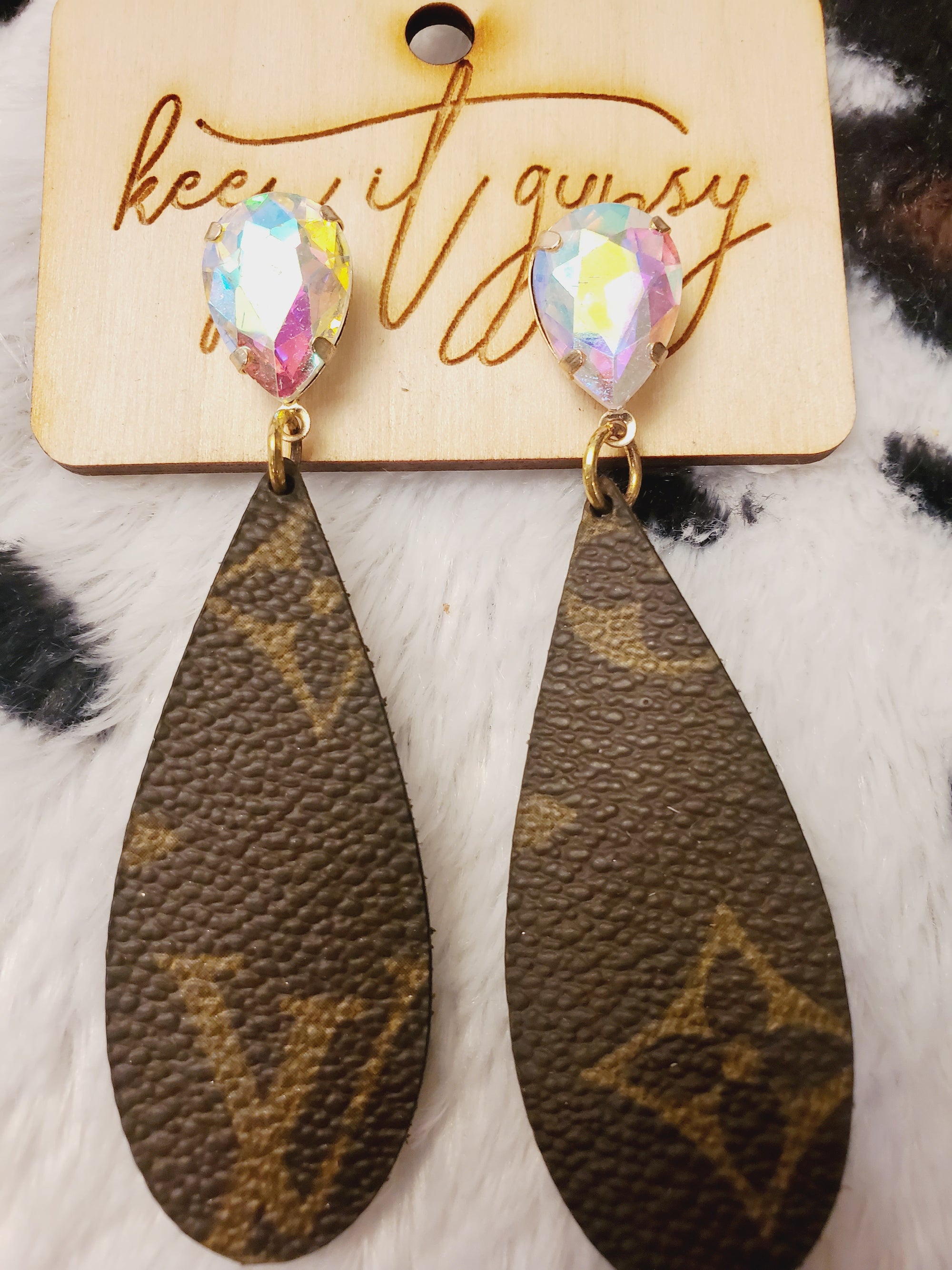 Upcycled LV Skinny Teardrop Earring with Crystal Posts