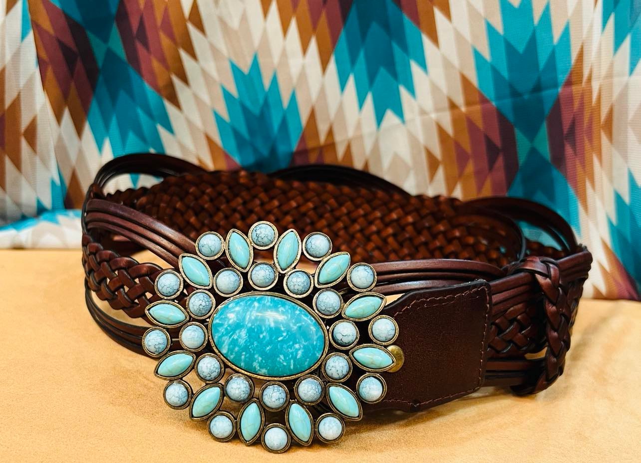 HAND BRAIDED LEATHER BELT WITH TURQUOISE STYLE BUCKLE