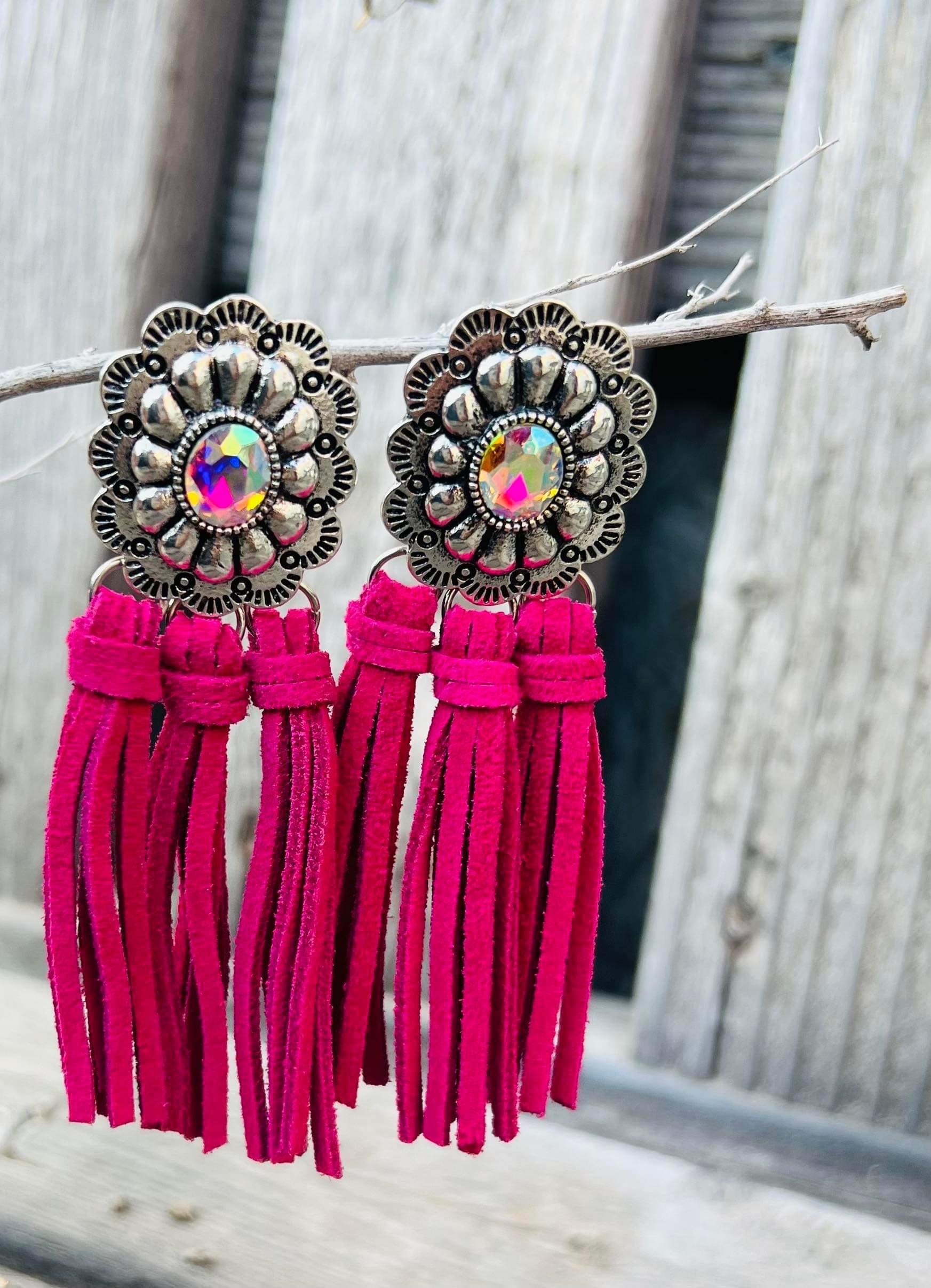 Pink Tassel Earrings & concho silver