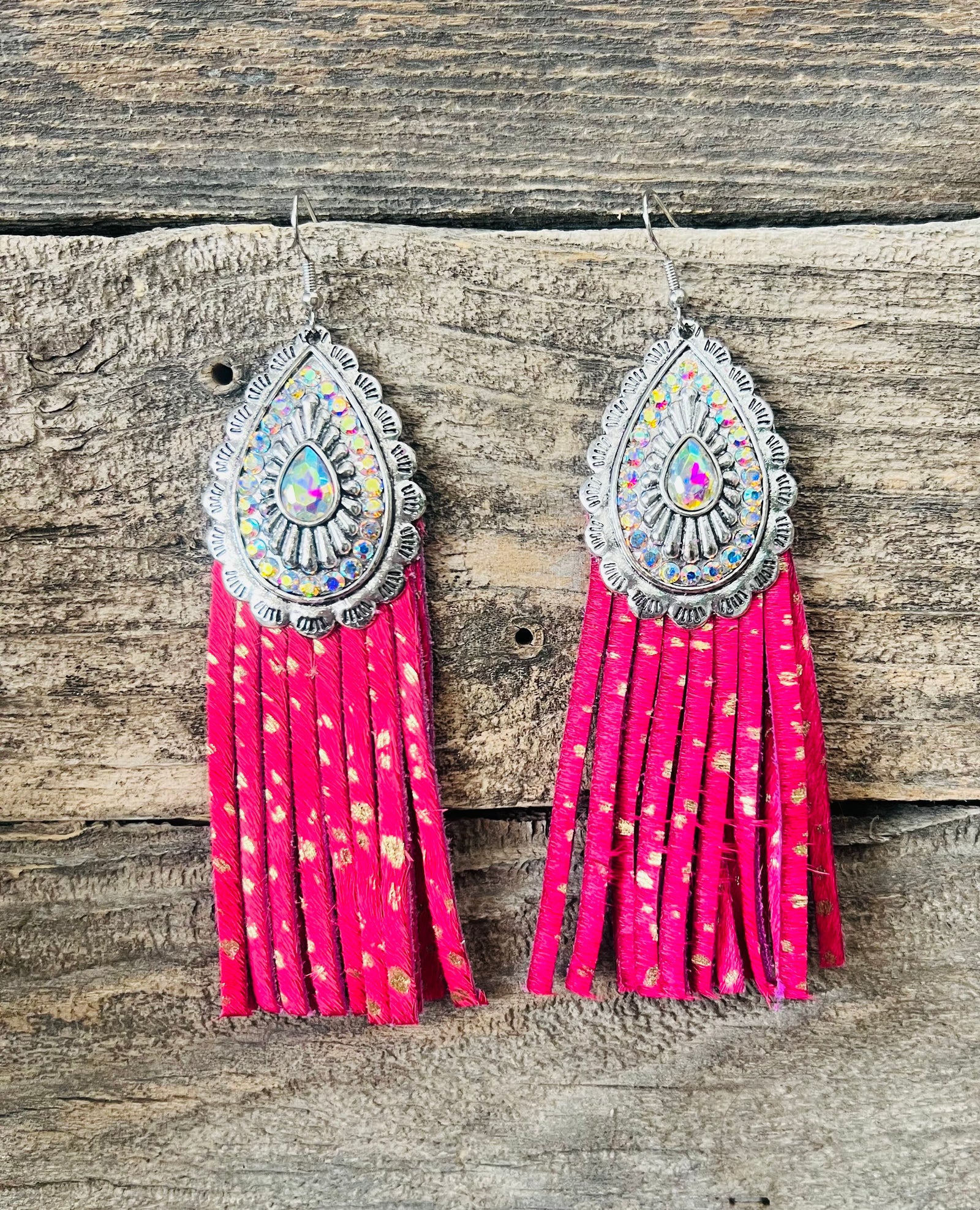 Silver Teardrop Bling Concho Earrings with Pink Gold Cow Tassels