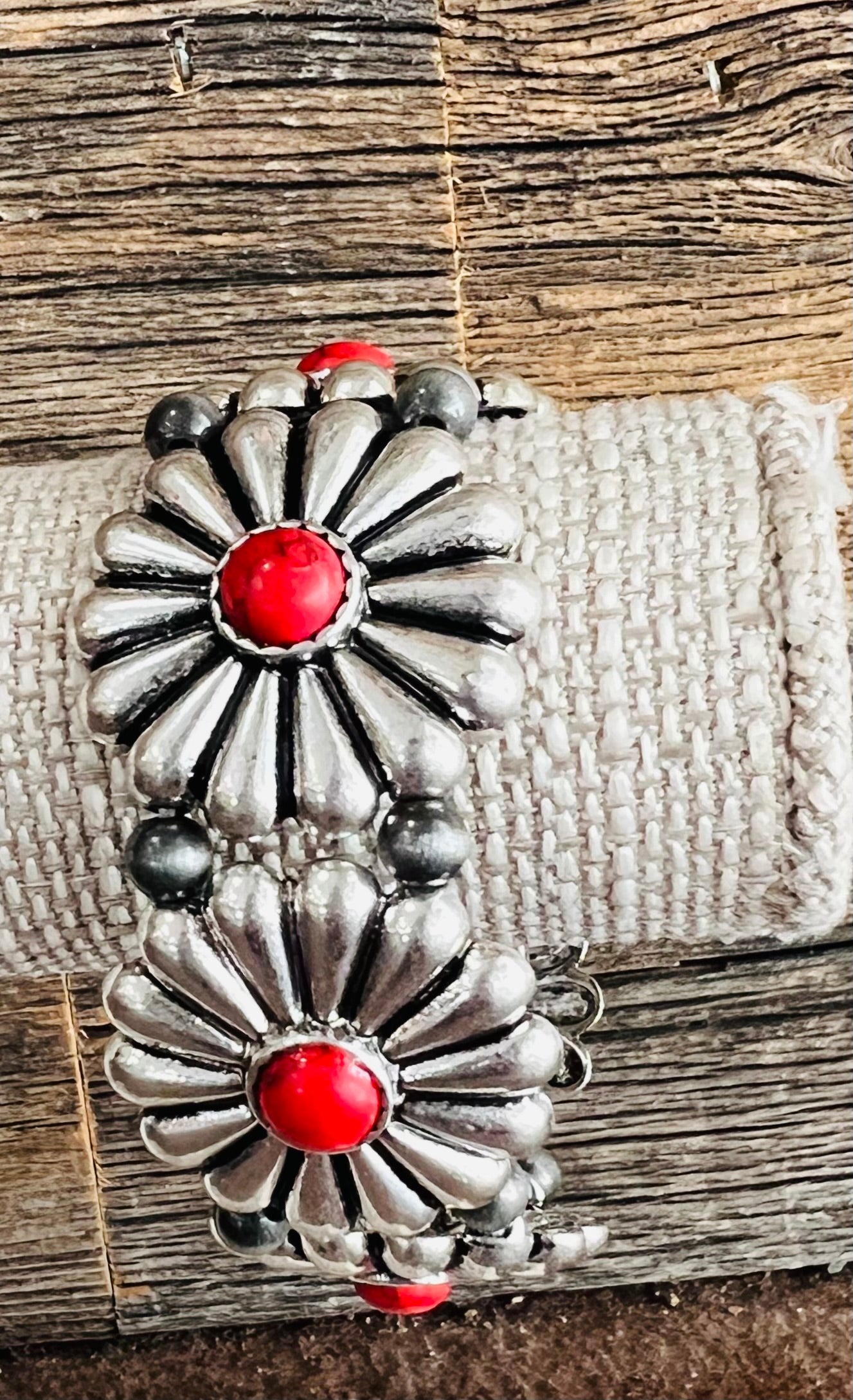 Silver Concho Bracelets with Center Stones in Red
