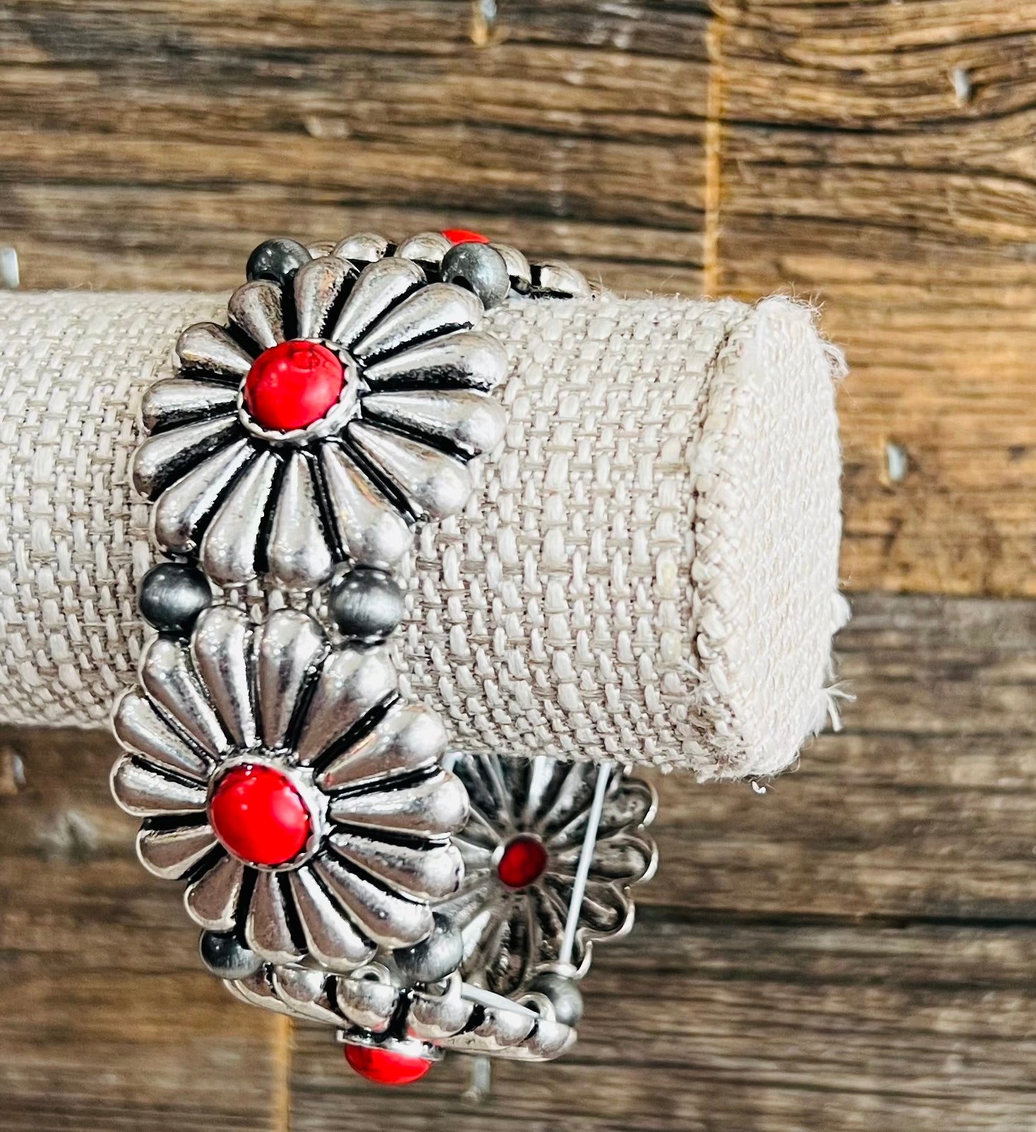 Silver Concho Bracelets with Center Stones in Red