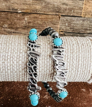 Blessed Mom Turquoise and Silver Pearl Bracelet Set