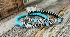 Blessed Mom Turquoise and Silver Pearl Bracelet Set