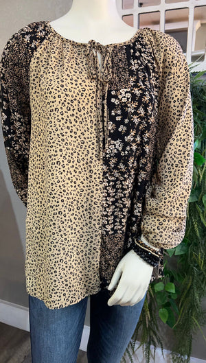 BOHO FLORAL AND LEOPARD MIX BLOUSE