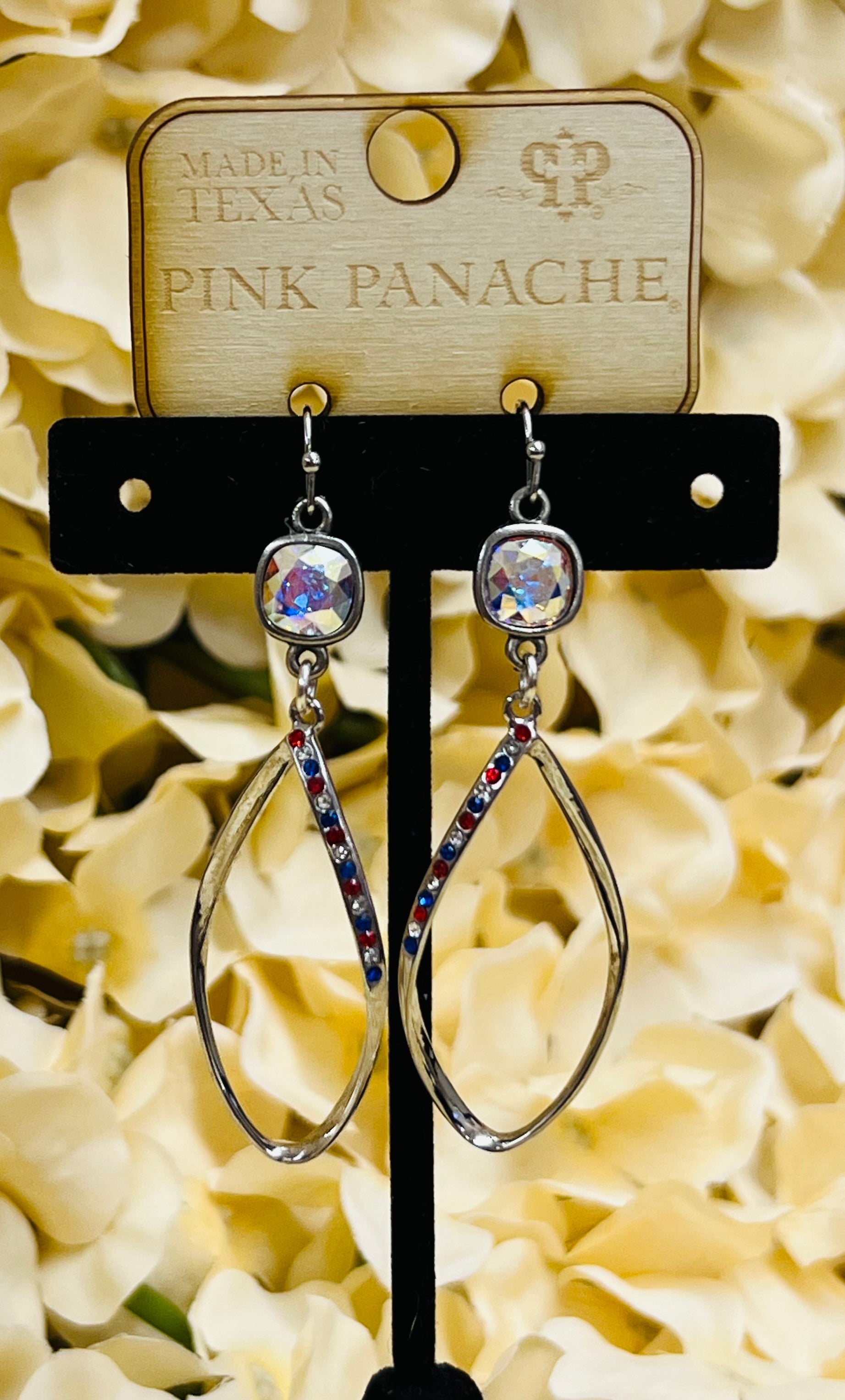 PINK PANACHE EARRINGS WITH RED WHITE AND BLUE CRYSTALS