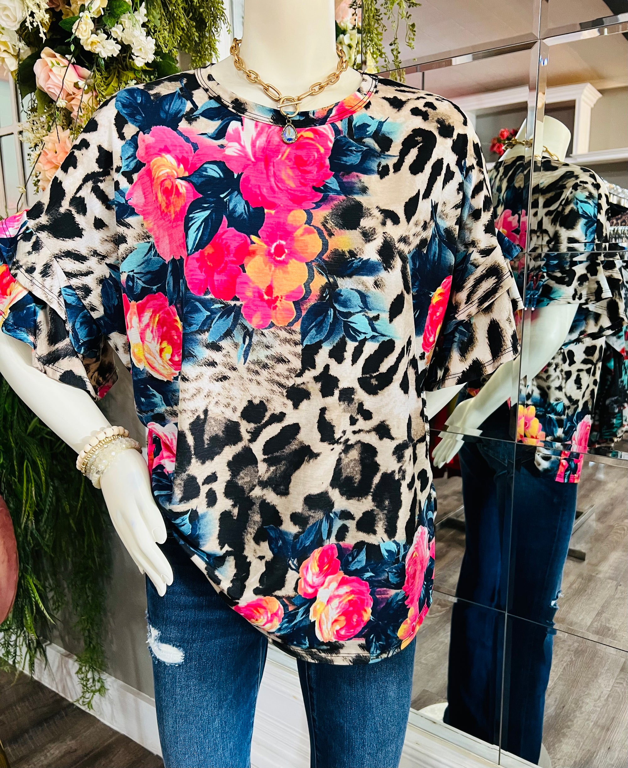 LEOPARD AND FLORAL MIX BLOUSE