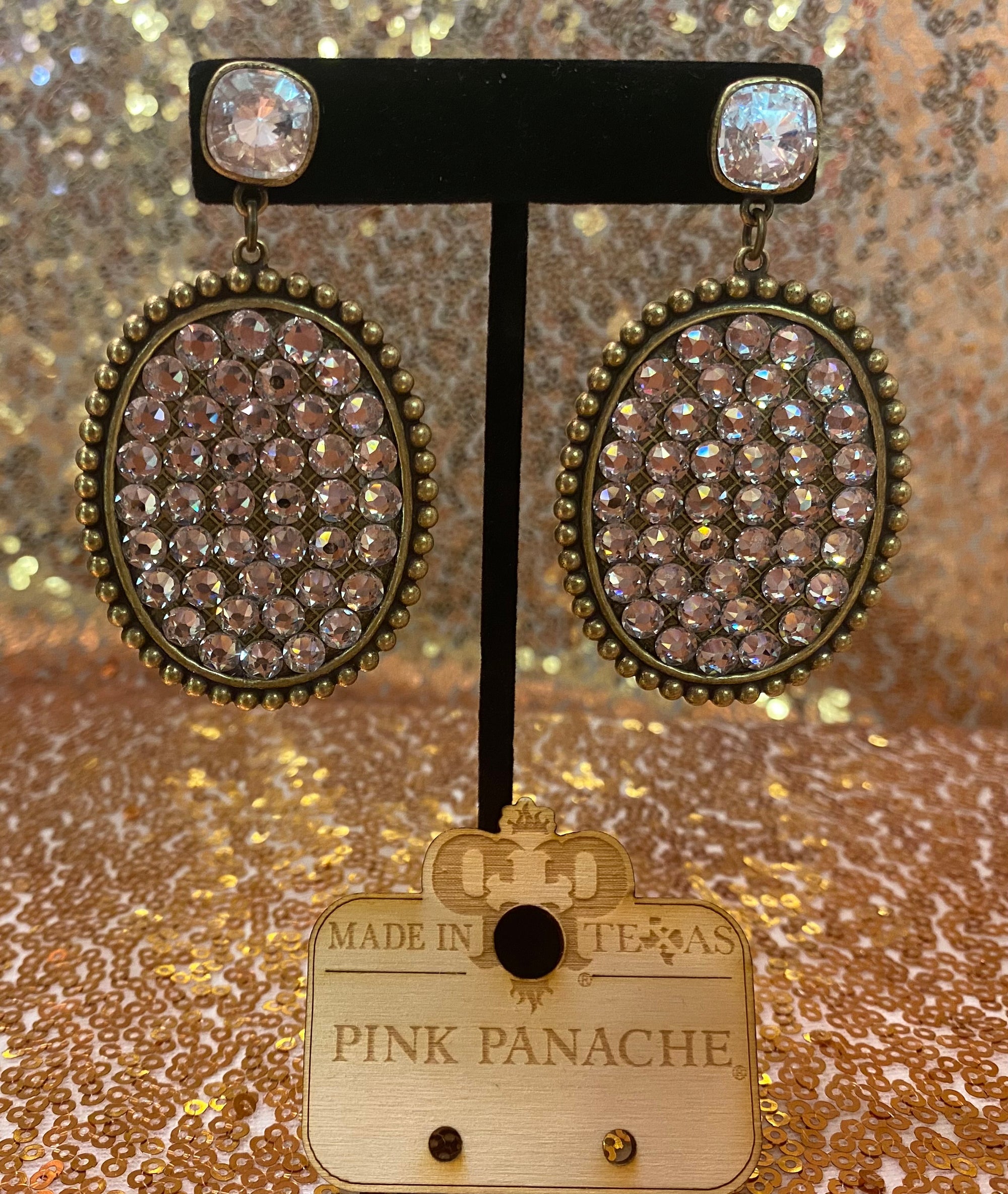 PINK PANACHE LARGE OVAL EARRINGS WITH CLEAR CRYSTALS