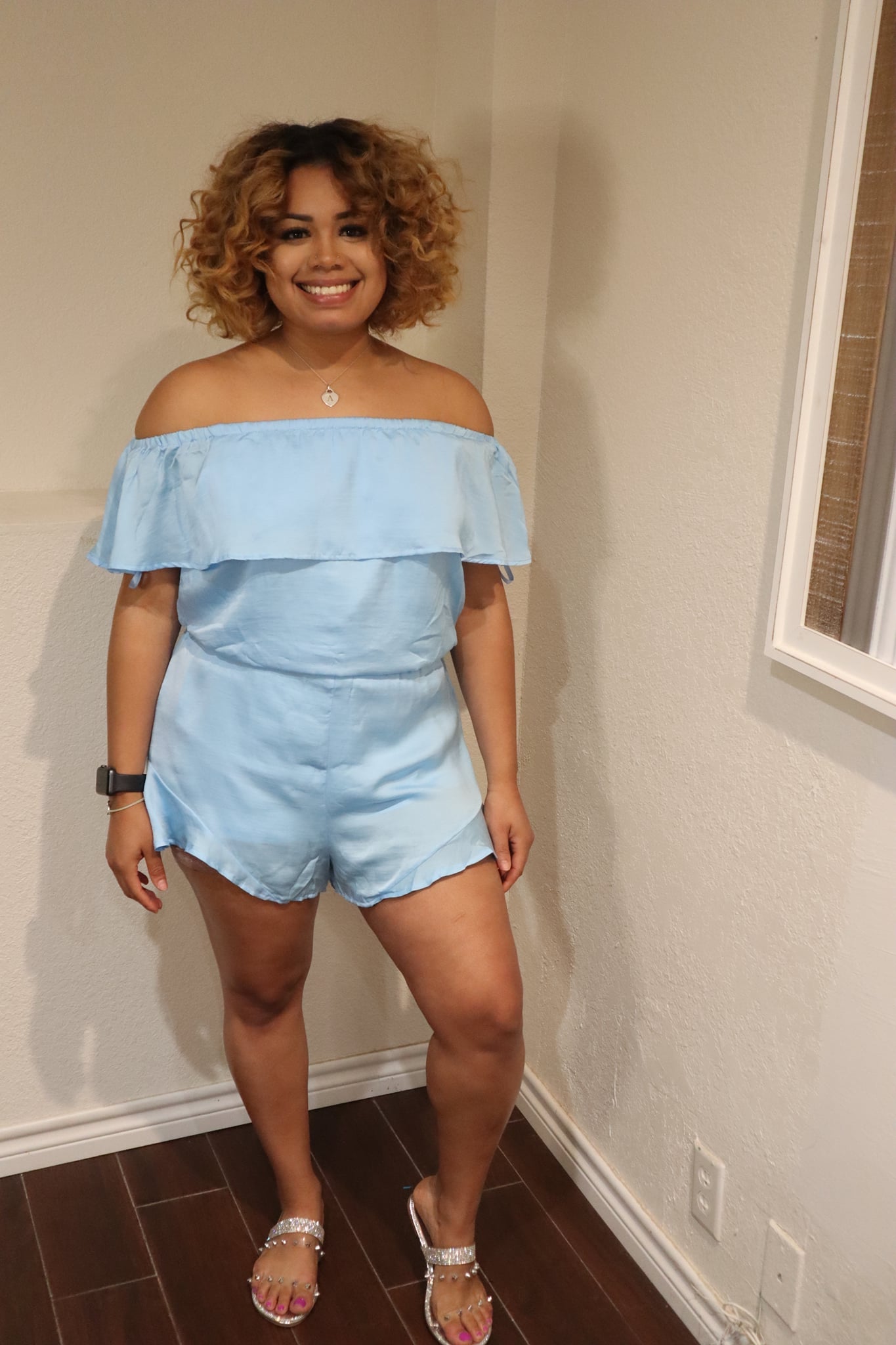 Sky Blue Satin Off Shoulder Romper