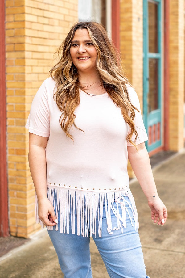 Pale Pink Short Sleeve Studded Fringe Top Plus Size