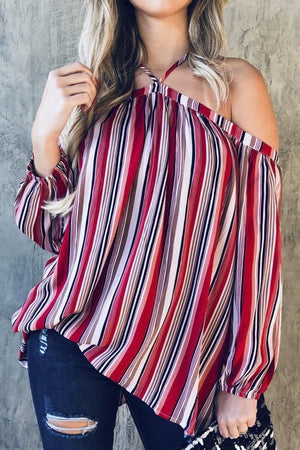 RED MULTI STRIPE OFF SHOULDER TOP