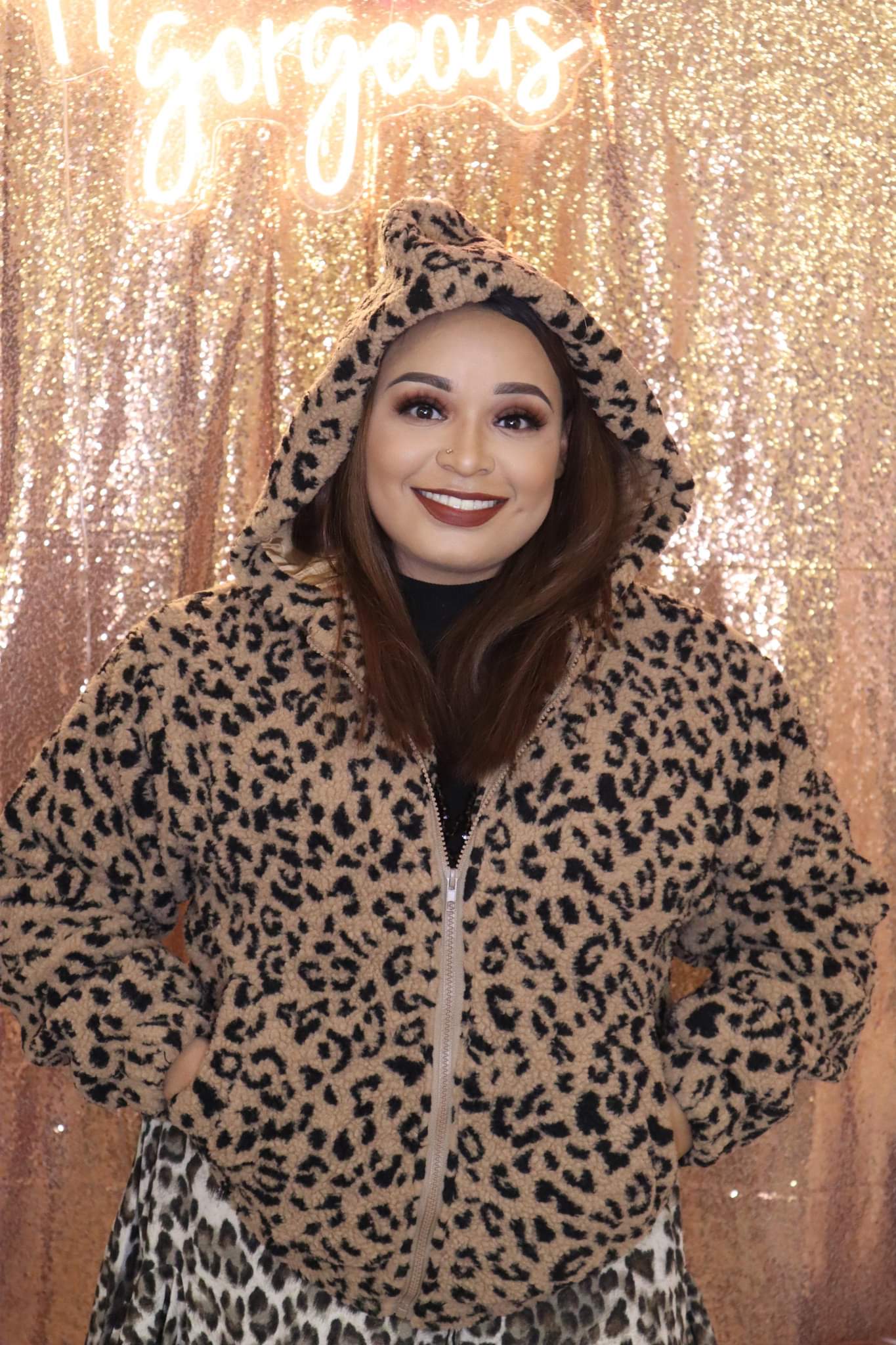 ANIMAL PRINT TEDDY BEAR ZIP UP HOODIE WITH POCKETS