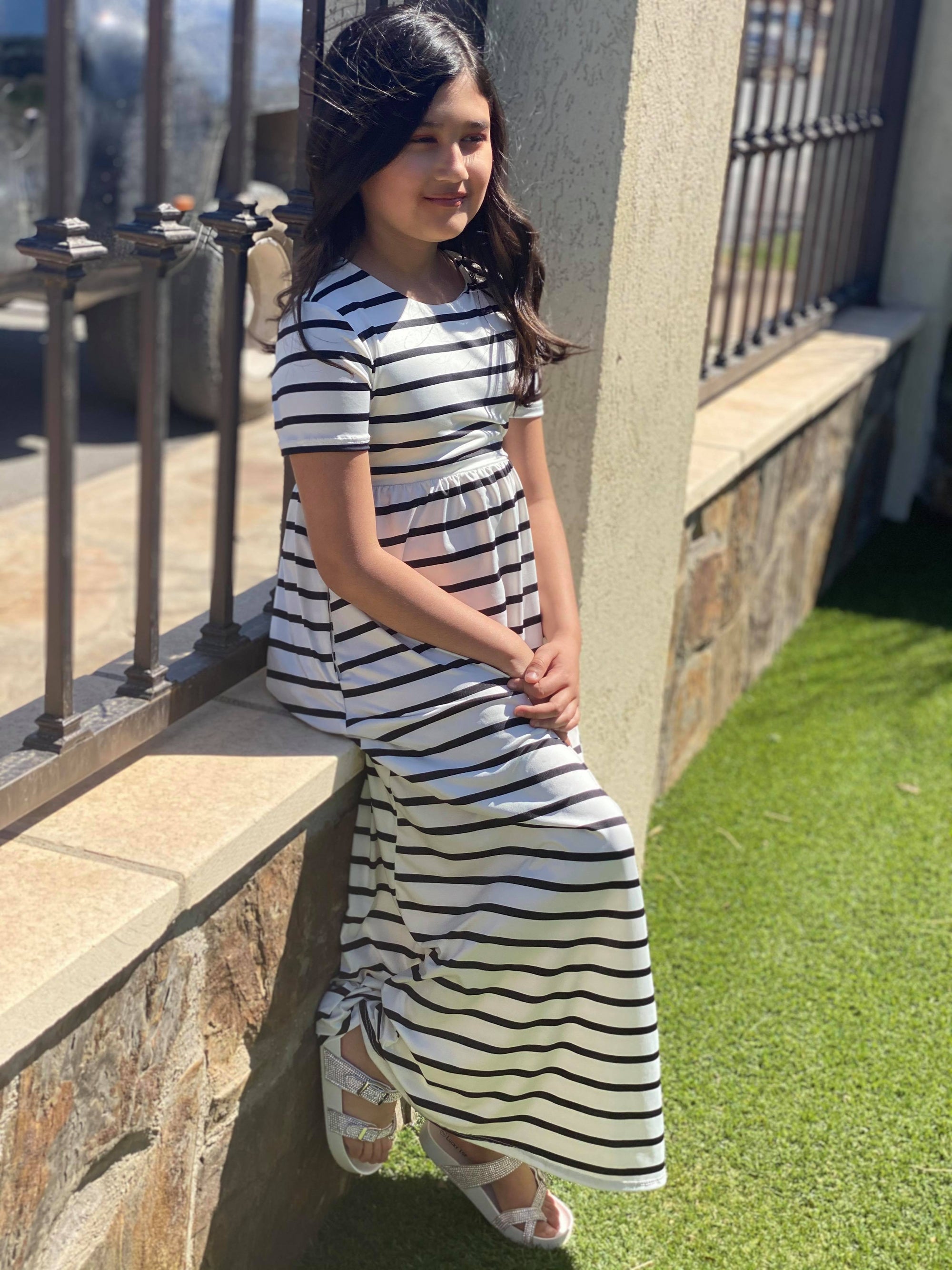 Girls Ivory/Black Striped Maxi